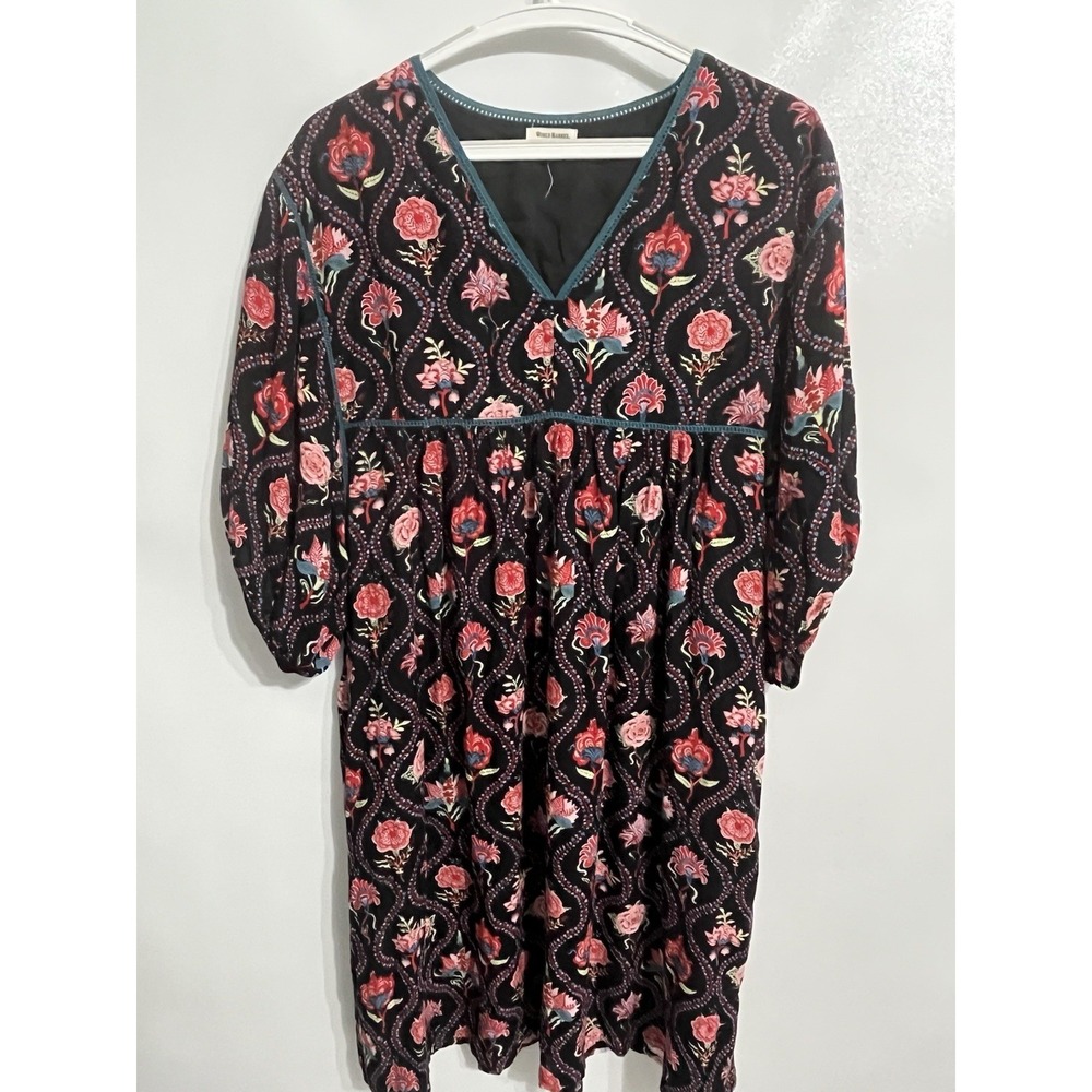 World Market Women S/M Black Floral Midi Dress Boho Empire Waist Pockets Resort